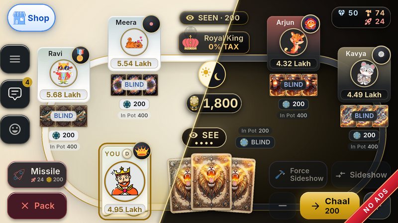 The King Teen Patti table, half in the day theme and half in the night theme
